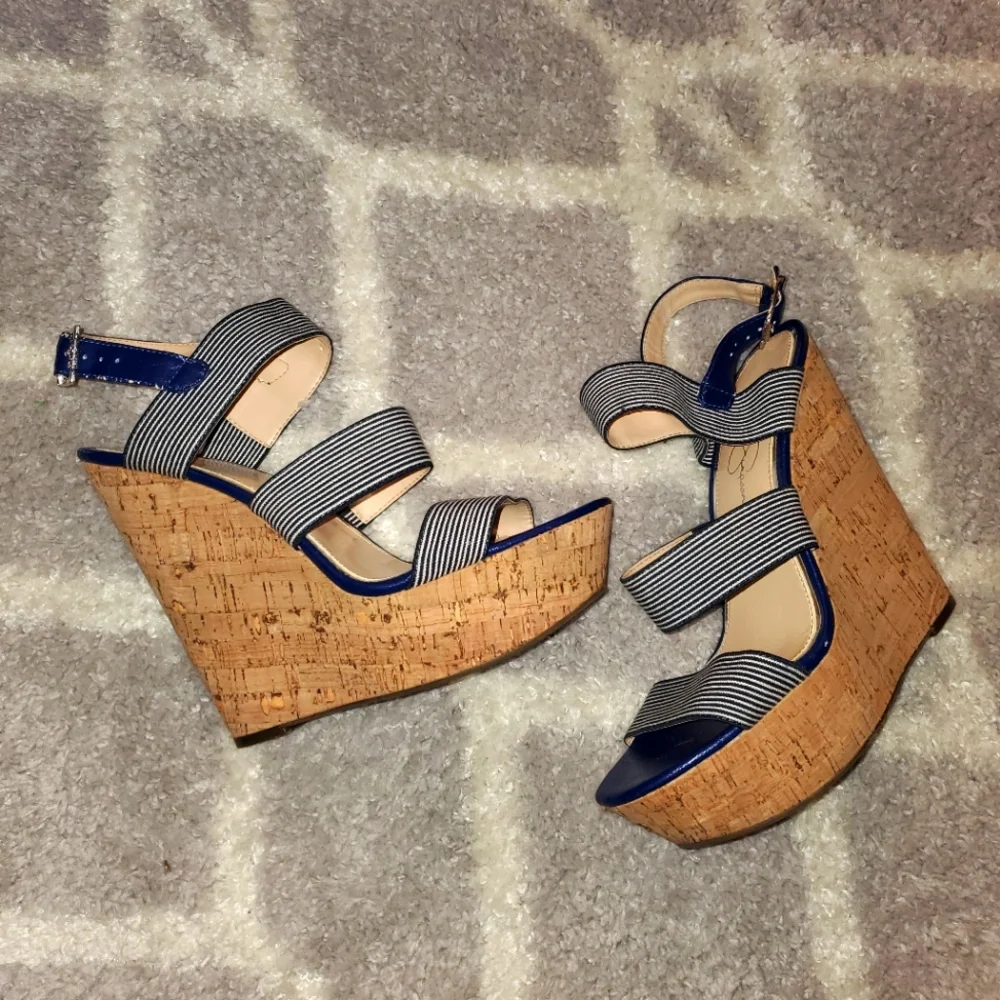 Navy Blue Striped Wedge Sandals